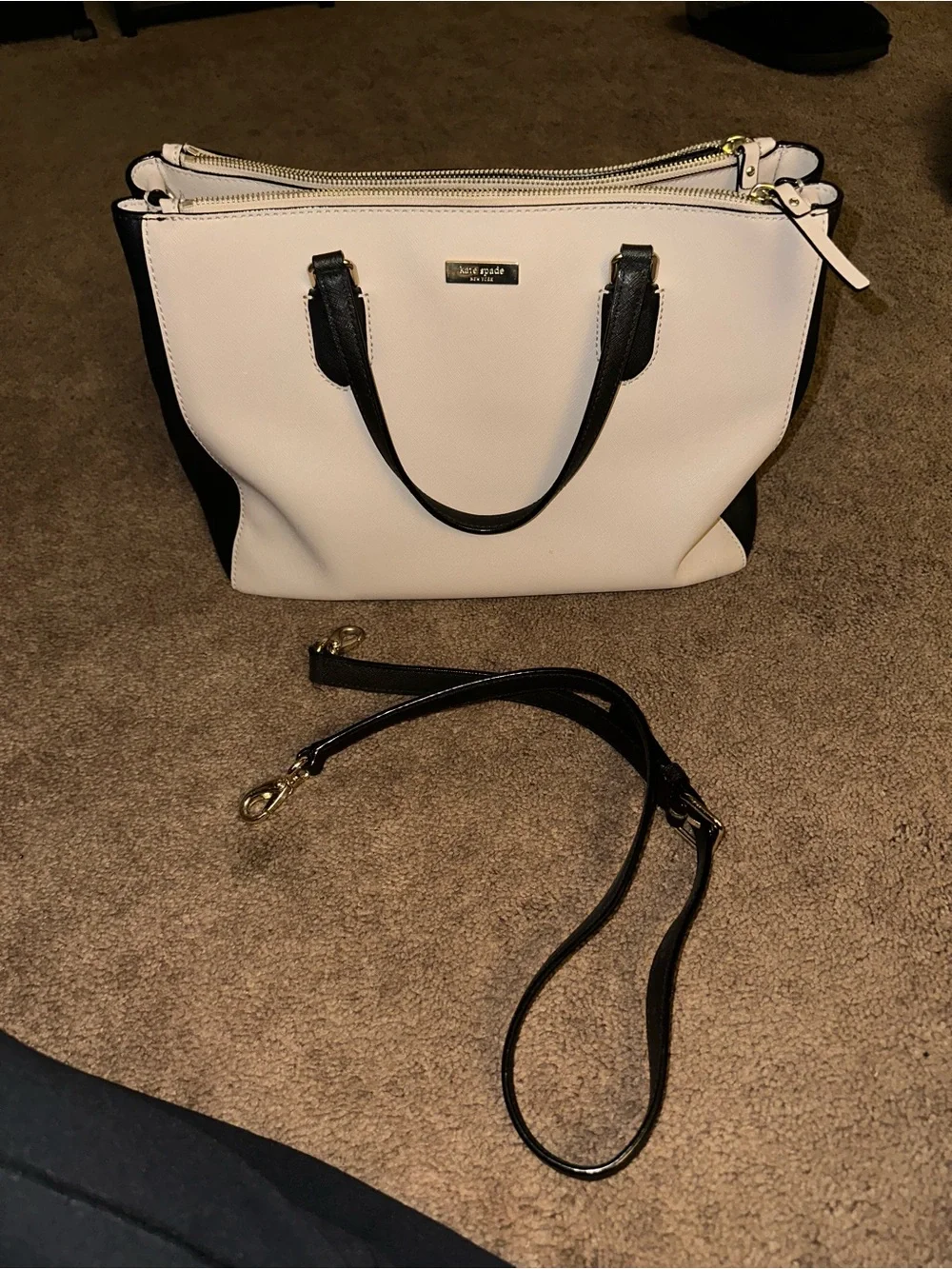 kate spade Beige and Black Satchel with Gold Logo Plate
